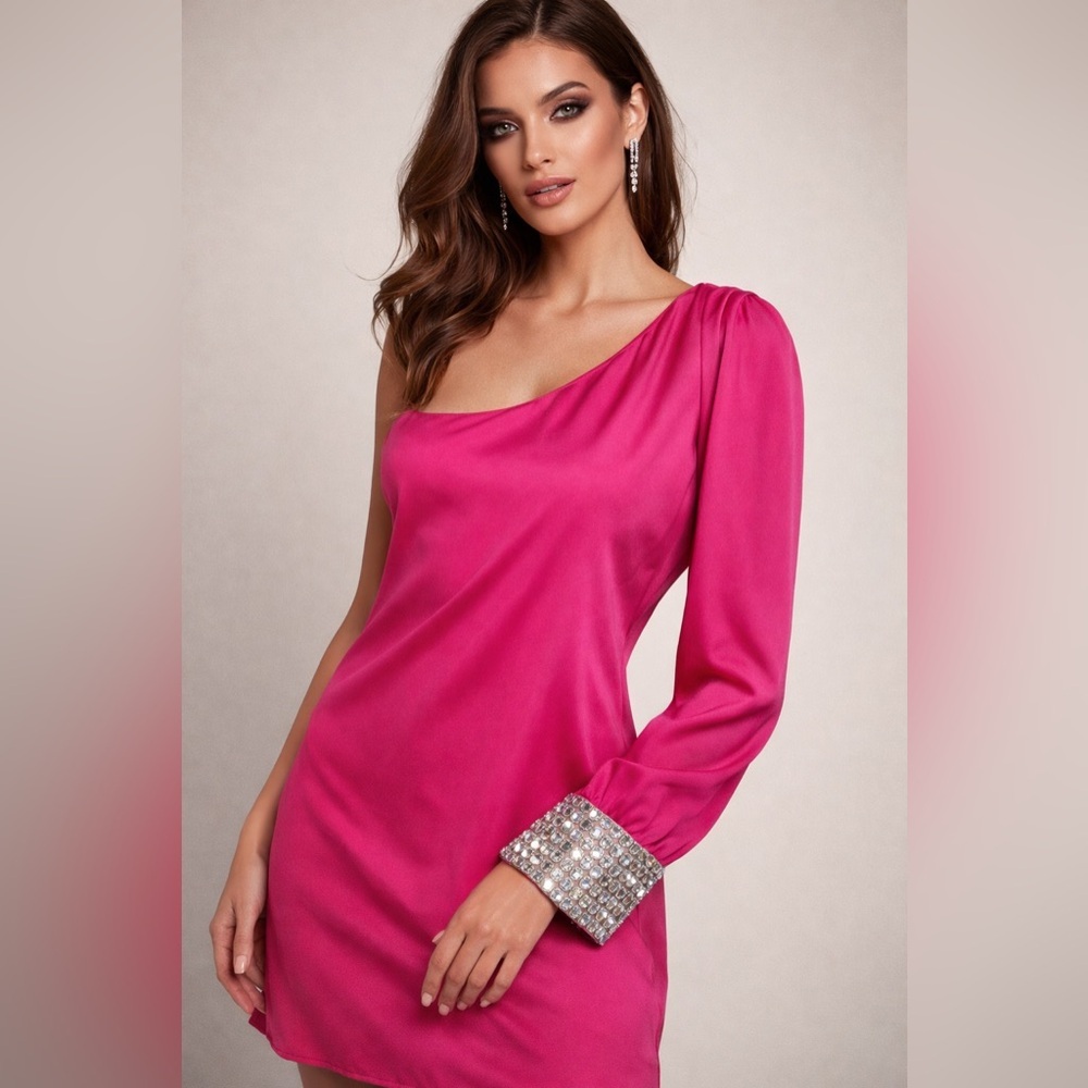 DEPRI 💎 Pretty In Hot Pink One-Shoulder Mini Dress, Diamond Cuff (Women’s Large) - Picture 10 of 10